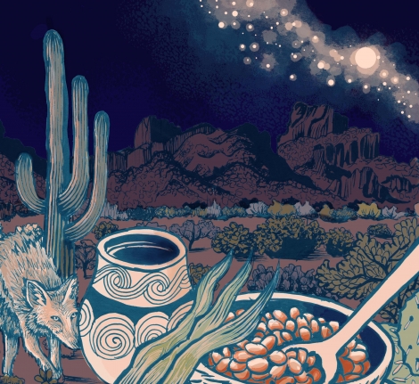 An illustration of traditional Tohono O’odham Nation foods in the desert.